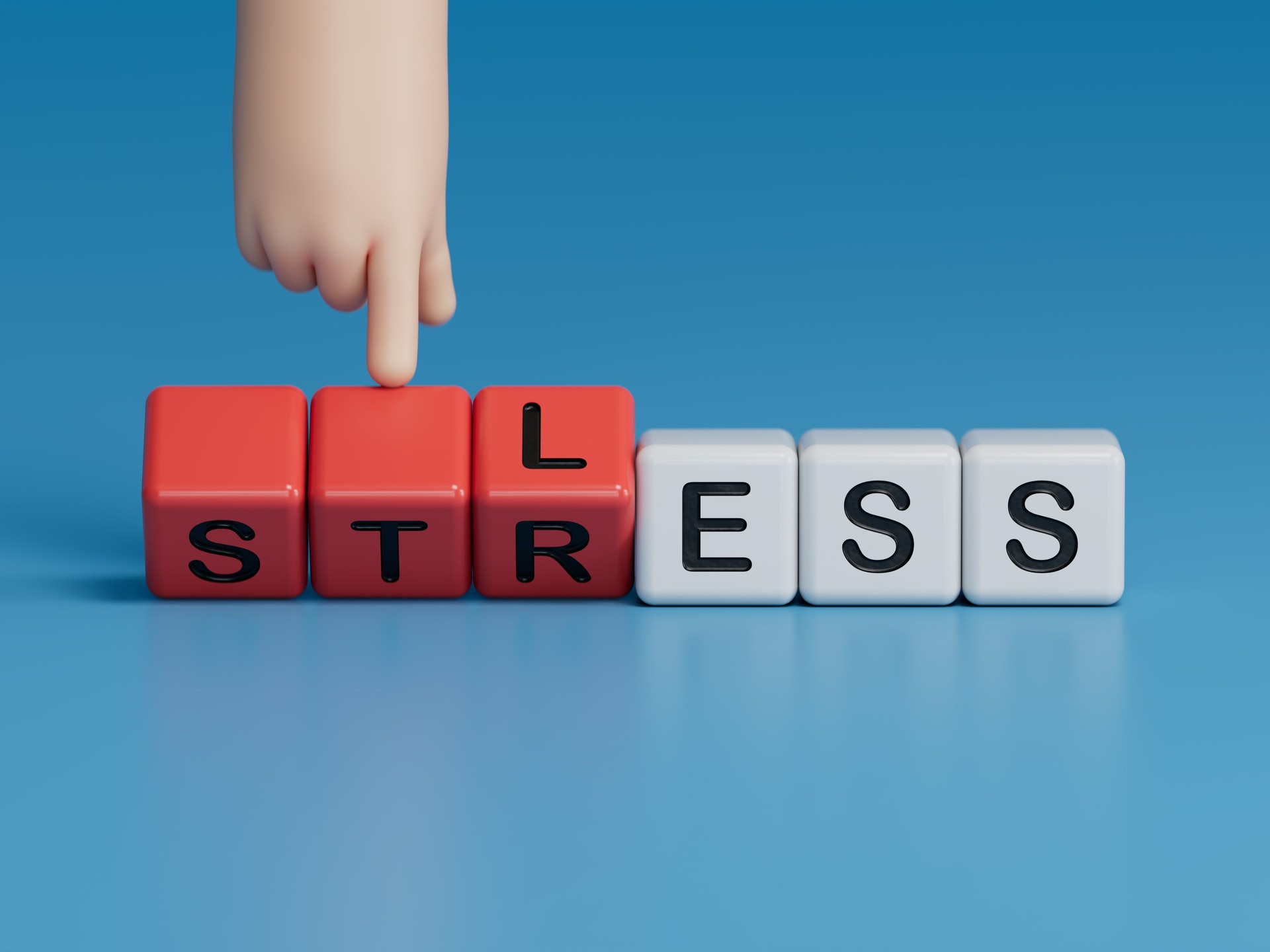 Less Stress symbol. Doctor hand turns wooden cube and changes word Stress to Less.Medicine and Less Stress concept. Copy space.3D rendering on blue background.